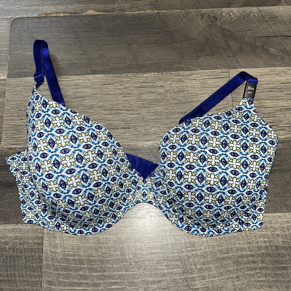 Victorias‎ Secret 36D Uplift Semi Demi Bra Padded Blue Yellow Underwire #1270